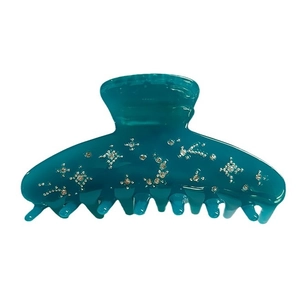 French vintage teal acetate shark hair claw clip with sparkling starry rhinestones