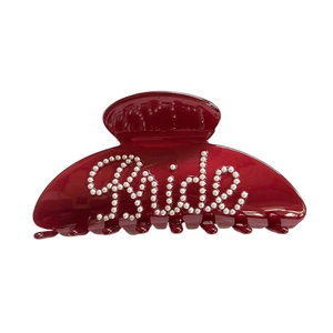 Elegant wine red resin hair claw clip with pearl Bride lettering for wedding styling