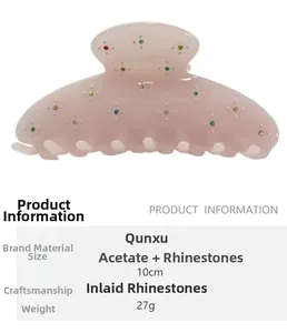 Detail view of 10cm pink acetate hair claw clip with multi-colored rhinestones