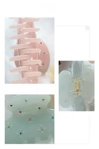 Detail view of pink and blue acetate hair claws with colorful rhinestone embellishments