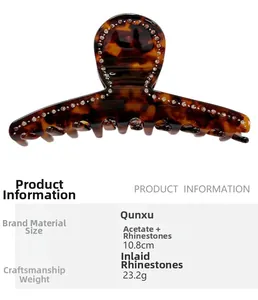 Detail showing 10.8cm large tortoiseshell acetate hair claw clip with crystal inlay