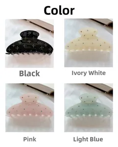 Detail view of large acetate hair claws in four colors with sparkling rhinestones