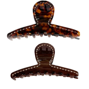 French vintage large acetate hair claw clips with rhinestones in tortoiseshell and brown