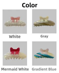 Detail view of four colorful acetate bow hair claws in white, grey, and gradient blue