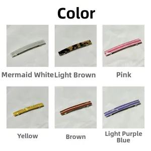 Grid view of six patterned rectangular acrylic hair clips with pearlescent and striped textures