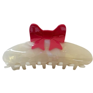 French chic acetate hair claw clip with cream marble texture and red bow decoration