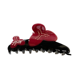 French style floral acetate hair claw with red flowers and crystals on black clip