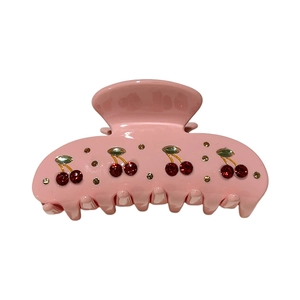 Elegant pink cherry claw clip with rhinestones for women, minimalist resin hair shark clip