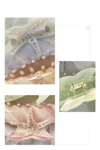 Detailed macro view of starfish acetate hair claw clip with rhinestones and marble texture