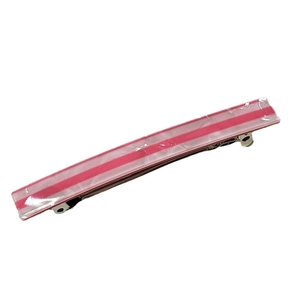 Pink and white striped spring hair clip with silver metal base on a white background