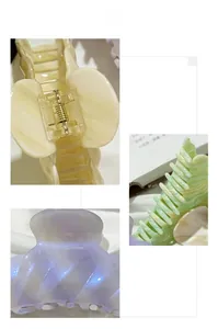 Detail of premium marble and pearl acetate hair claws in beige and pastel green