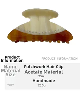 Detail view of 9cm acetate hair claw with rhinestone splicing and marble texture