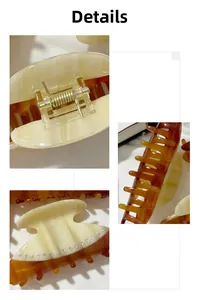 Detailed macro view of the acetate hair claw clip showing rhinestones and metal spring