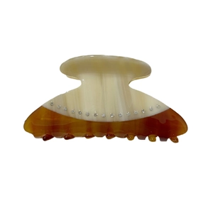 Elegant acetate hair claw clip with beige brown patchwork and sparkling rhinestones