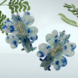 Pince à Cheveux en Acétate Français Papillon Trèfle pour Femmes Motif Marbre Bleu Blanc Sophistiqué Bijoux de Cheveux
