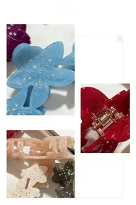 Detail of floral acetate hair claw clip showing marble texture and rhinestone accents