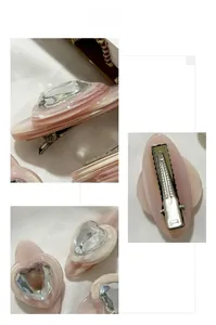 Vues détaillées de barrettes à cheveux coeur rose avec strass et pince crocodile en métal