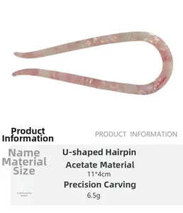 Detail specifications of U-shaped acetate hairpin in pink pearl showing 11x4cm dimensions