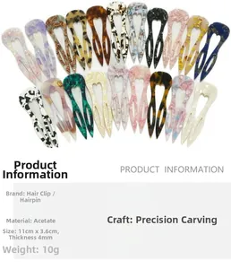 Detailed specs of U-shaped acetate hair pins in 18 colors, size 11cm x 3.6cm