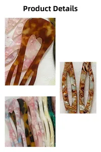Detail of U-shaped hair pins showing marbled, tortoiseshell, and floral acetate patterns