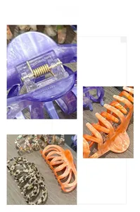 Detail showing various acetate claw clips in purple, leopard print, and floral patterns
