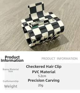 Detail view of 5.2cm black and white checkerboard PVC hair claw clip with specifications