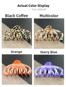 Detail showing four acetate hair claw clips in black coffee, multi-color, orange, starry blue