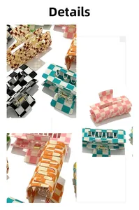 Detail view of checkerboard hair claws in various colors with metal spring mechanisms