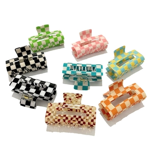 Set of 8 French checkered hair claw clips in various colors with glossy finish