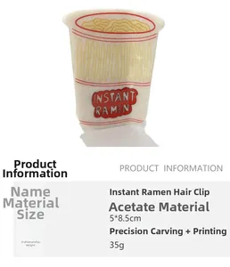 Detail view of acetate instant ramen hair claw showing 5x8.5cm size and 35g weight specs