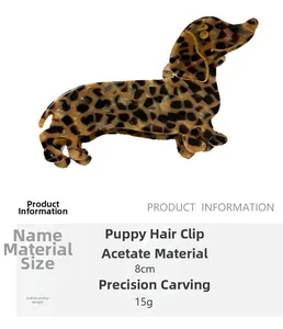 Detail showing the 8cm dachshund acetate hair claw clip with leopard print and dimensions