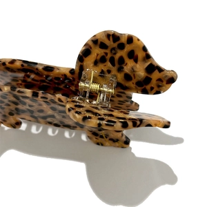 French leopard print dachshund dog hair claw clip with vintage tortoiseshell texture