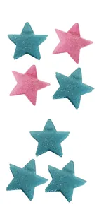 Détail de pinces à cheveux en forme d'étoile pailletée rose et bleue sous plusieurs angles