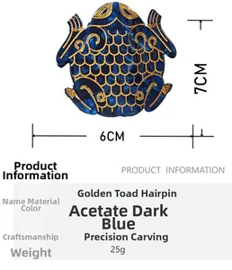 Detail view of a blue marbled acetate frog hair claw clip with size dimensions 6x7cm