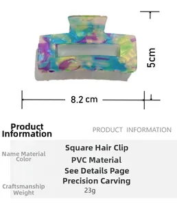 Detail view of marble pattern hollow square hair claw clip with size 8.2x5cm dimensions