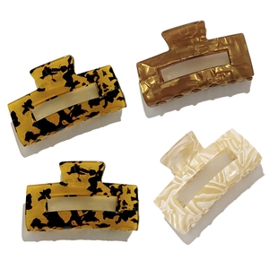 French style hollow square PVC hair claw clips in tortoise and cream marble patterns