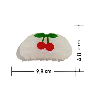 French style cherry hair claw clip in pearl white, dimensions 9.8cm by 4.8cm
