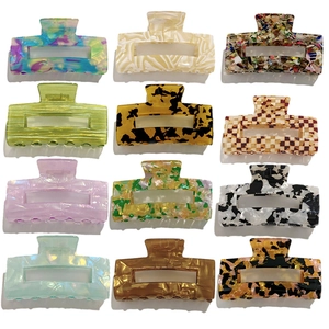 French Minimalist Hollow Rectangular PVC Hair Claw Clip Marble Floral Checkered Geometric Large Hair Grip For Women