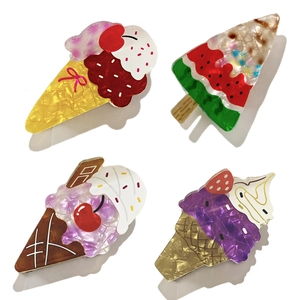 Set of four French ice cream and strawberry cone hair claws with pearlescent finish