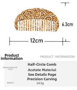 Detail view of acetate tortoise shell hair comb showing dimensions 12cm by 6.3cm and material