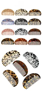 Detail view of assorted leopard and marble acetate geometric hair combs in various colors