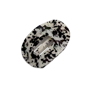 French leopard print oval acetate hair claw clip with black and white marble pattern
