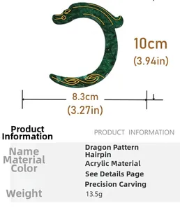 Detail showing dimensions of dark green dragon pattern hair stick at 10cm x 8.3cm