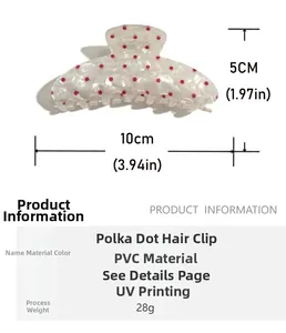 Detail showing 10cm shell texture hair claw clip with pink polka dots and dimensions