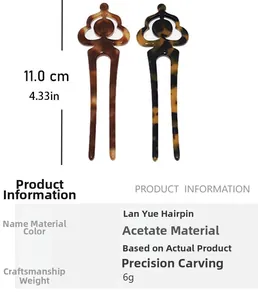 Detailed size chart and dimensions for the U-shaped acetate hair pin with tortoise pattern