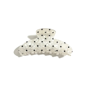French style shell-textured large claw clip with elegant black polka dots on pearl white acetate