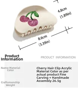 Detail view of cherry claw clip measuring 8.6cm by 4.8cm with precise size dimensions