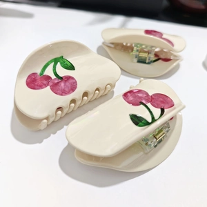French style cherry hair claw clip set in cream white with marble pattern detail