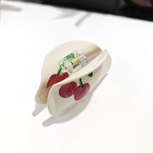 French style cherry print half-moon hair claw clip in cream beige for women hair styling