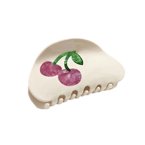 French style cream hair claw clip with purple cherry pattern and green leaves
